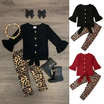 Criança Menina Outono Roupas T-shirt Superior 2020 mais Recente Moda de estampa de Leopardo Calças de Roupas