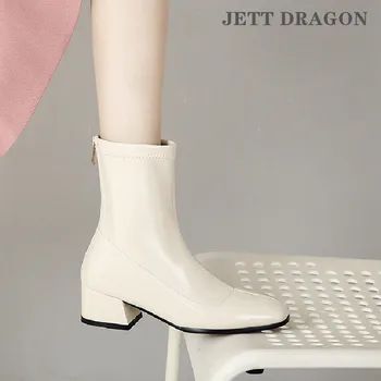 2021 Outono Mulheres Botas De Couro Sintético De Alta Calcanhar Ankle Boots De Moda Dedo Do Pé Quadrado Zíper Inverno Botas Preto Branco